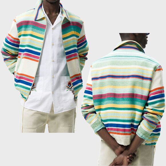 NEW Zara Cotton Blend Jacquard Multi-colored Bomber Jacket, Size L - Picture 1 of 16